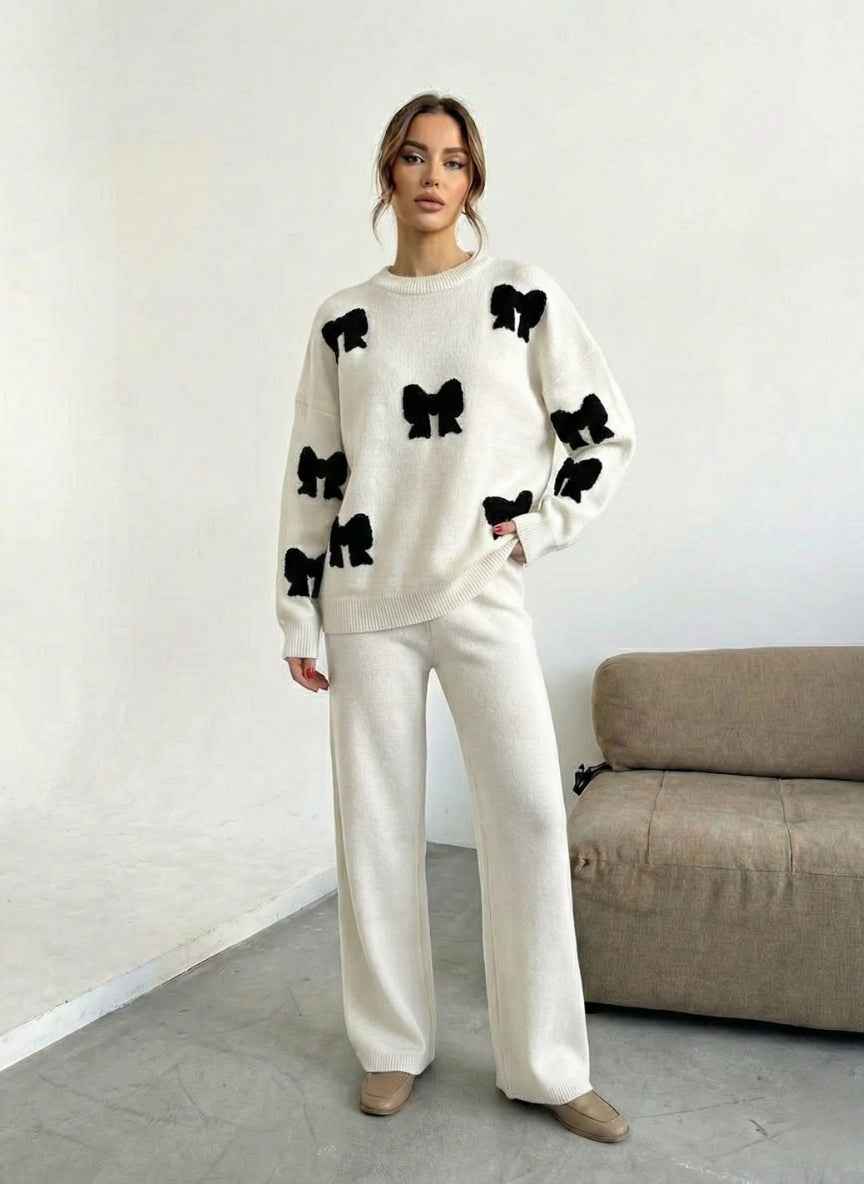 Trendy Bow Pattern Co-ord Set | Textured Sweater & Wide-Leg Pants