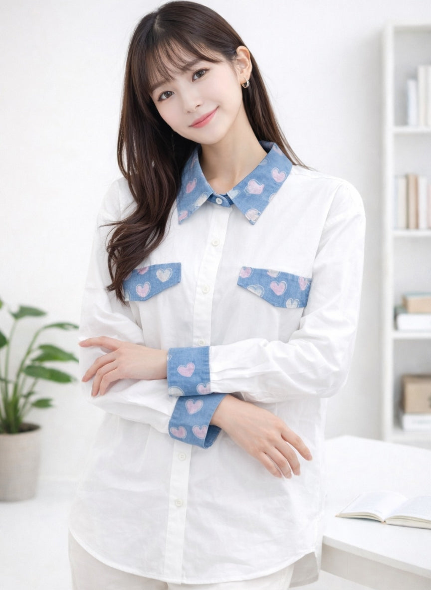 Playful Heart Detail Contrast Collar Shirt | Imported Button-Down