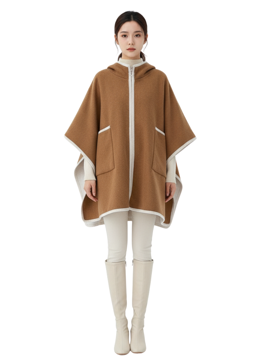 Women's Hooded Zip-Front Cashmere style Cape with Pockets