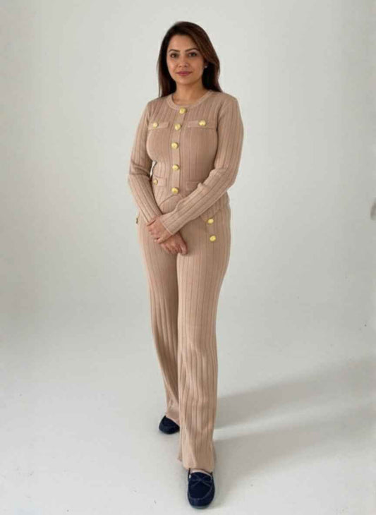 Women's Gold-Button Ribbed Knit Set | Woolen Cardigan & Pants Co-ord