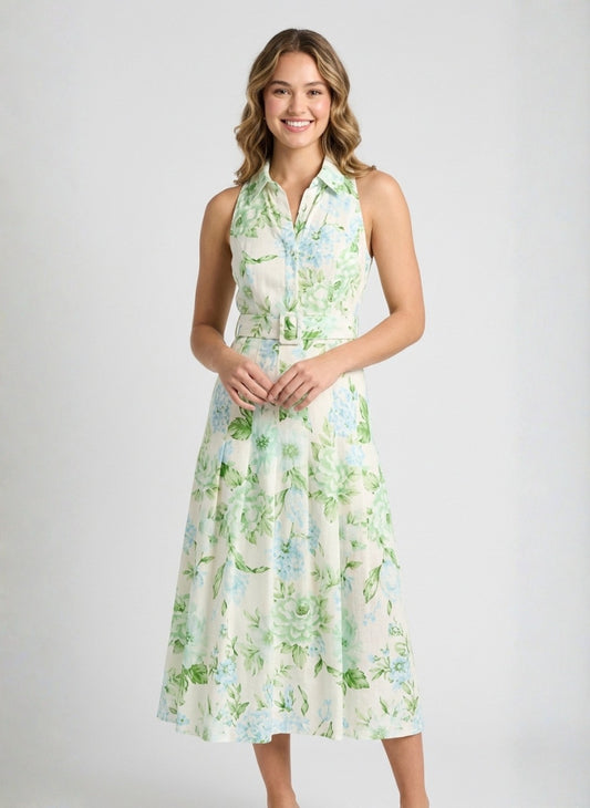 Floral Print Cotton Sleeveless Shirt Dress | Belted Midi A-Line