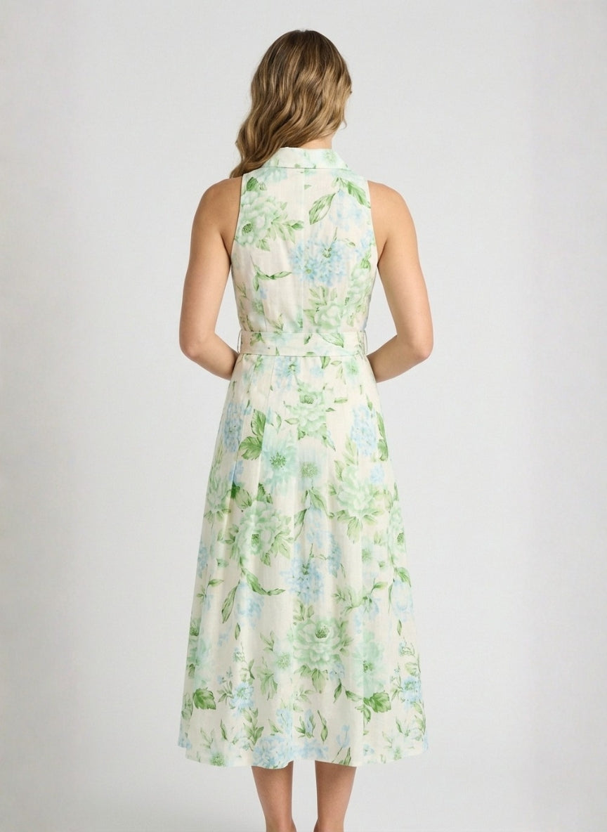 Floral Print Cotton Sleeveless Shirt Dress | Belted Midi A-Line