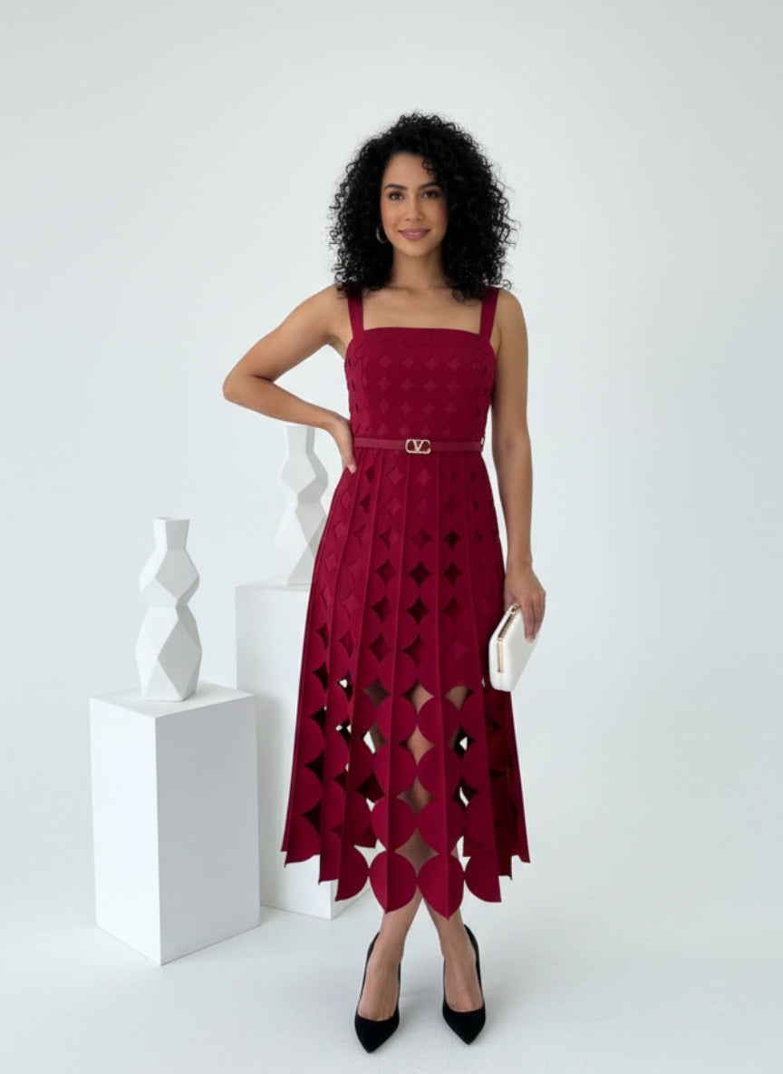Elegant Circle Cut-Work Strap Dress | Geometric Laser Cut Midi