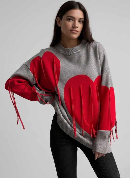 Women's Heart Design Fringe Sweater | Oversized Woolen Knit Pullover