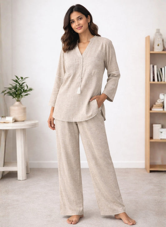 Imported Linen Crochet Trim Co-ord Set | Tunic Top & Wide-Leg Pants