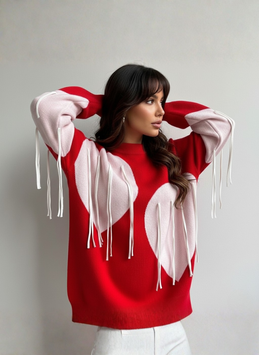 Women's Heart Design Fringe Sweater | Oversized Woolen Knit Pullover
