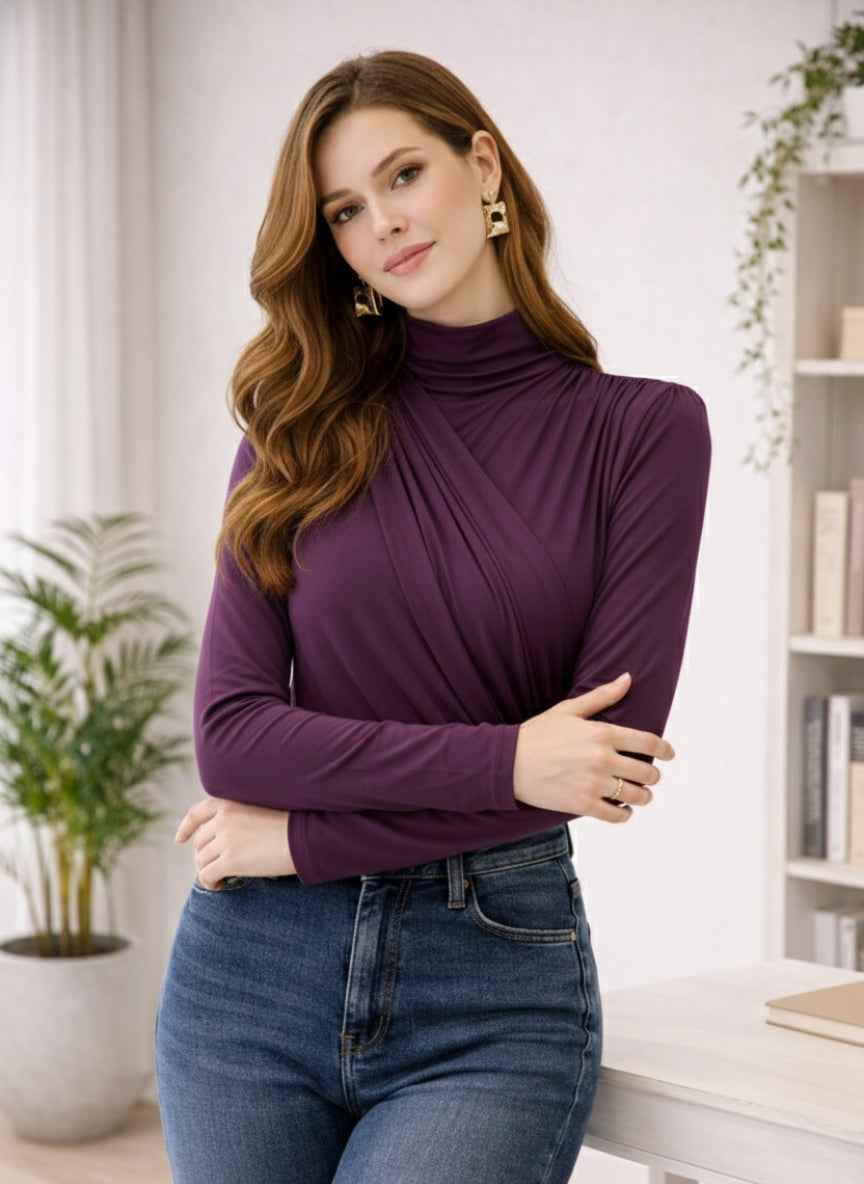 Elegant Draped Wrap Mock-Neck Dress | Imported Long Sleeve