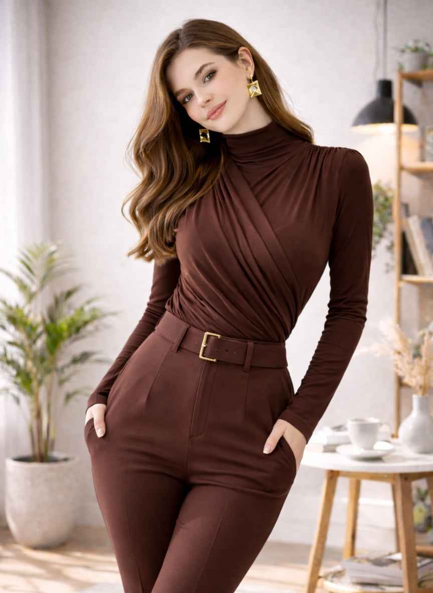Elegant Draped Wrap Mock-Neck Dress | Imported Long Sleeve