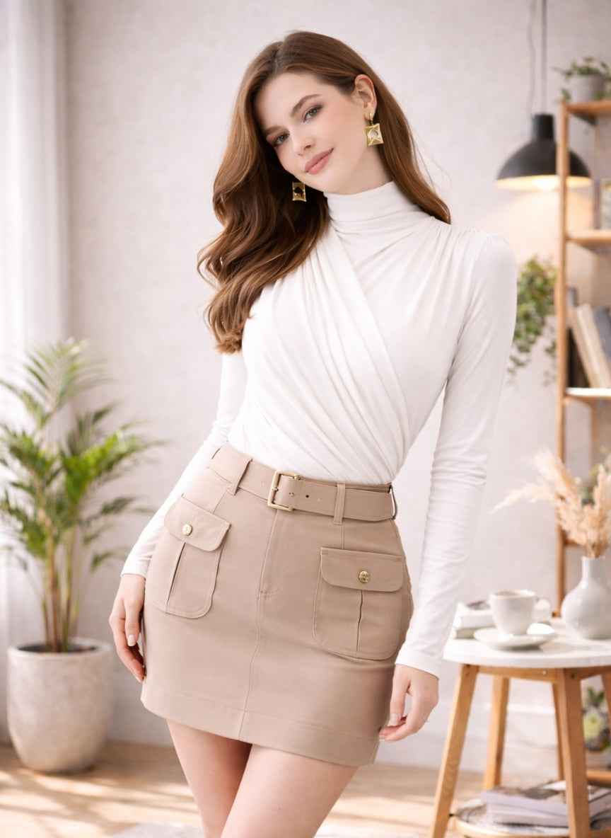 Elegant Draped Wrap Mock-Neck Dress | Imported Long Sleeve