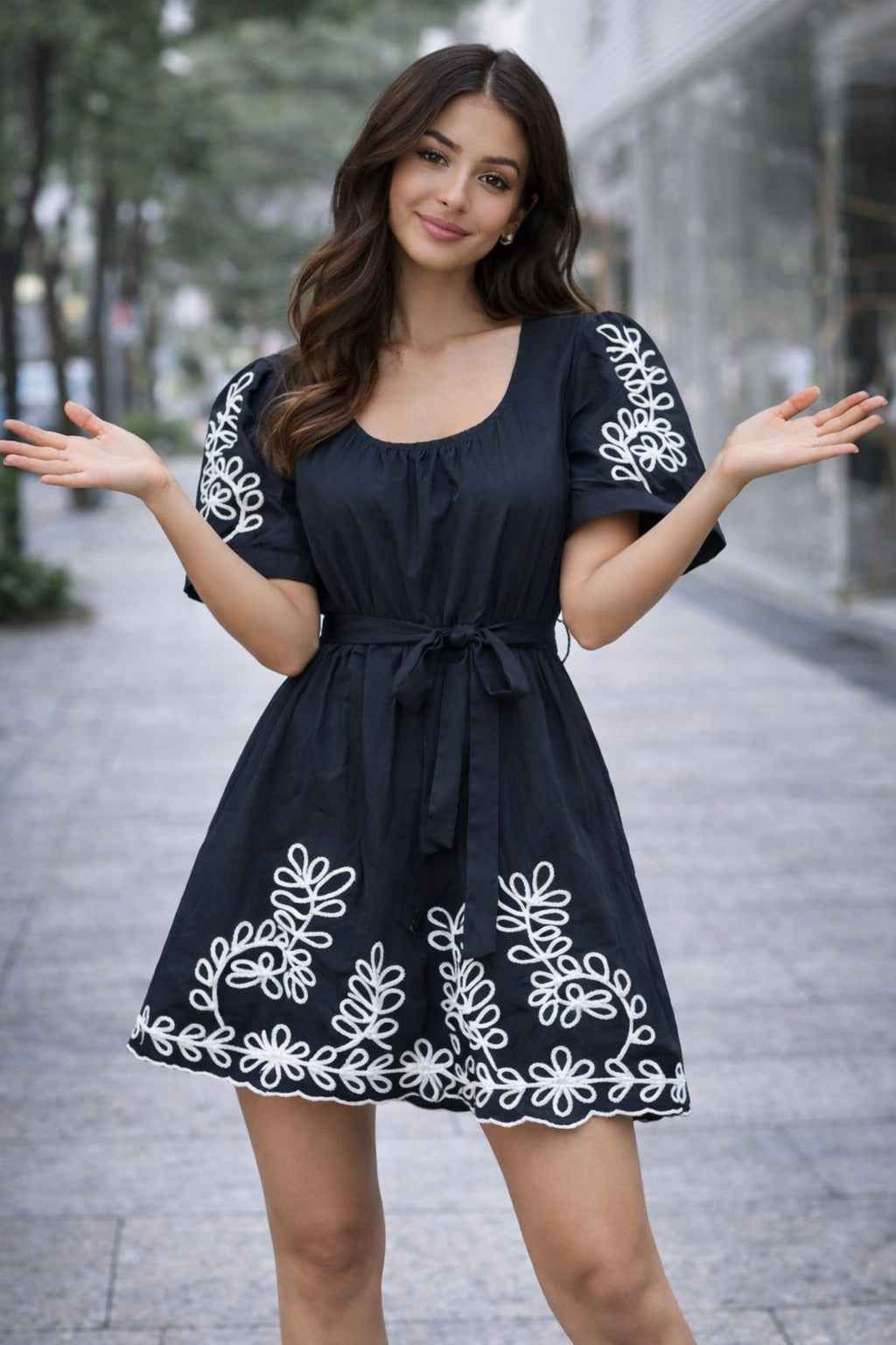 Black & White Floral Embroidered Mini Dress | Tie-Waist Scalloped Hem