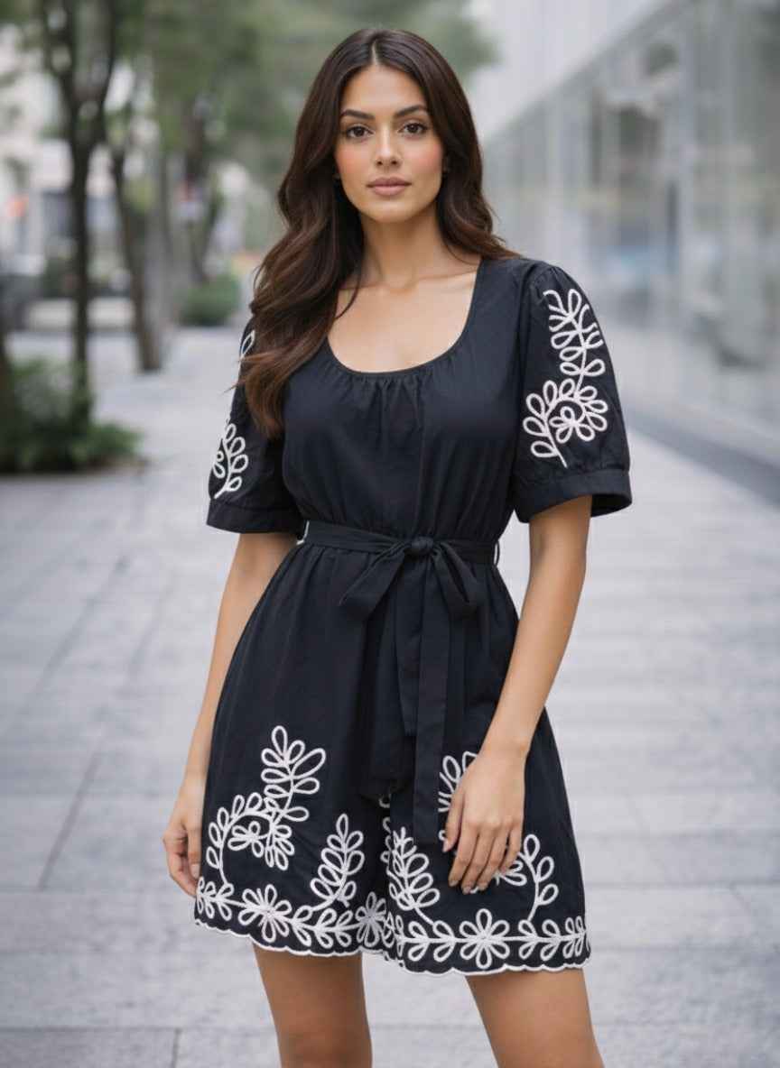 Black & White Floral Embroidered Mini Dress | Tie-Waist Scalloped Hem