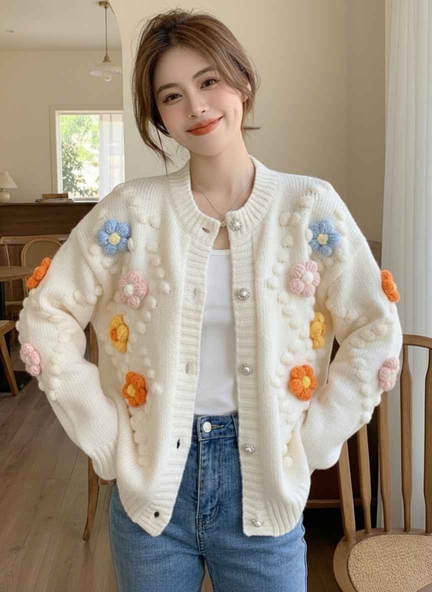 Women's 3D Floral Woolen Cardigan | Cute Knitted Sweater Jacke