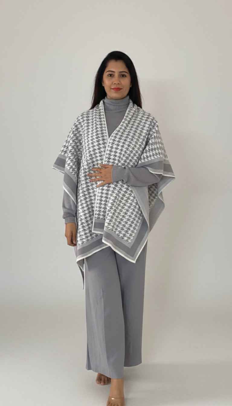 Elegant 3-Piece Knit Set with Houndstooth Poncho | Women's Co-ord