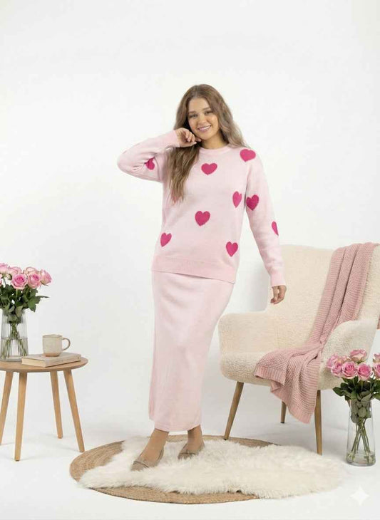 Heart Print Knitted Co-ord Set | Sweater & Long Skirt