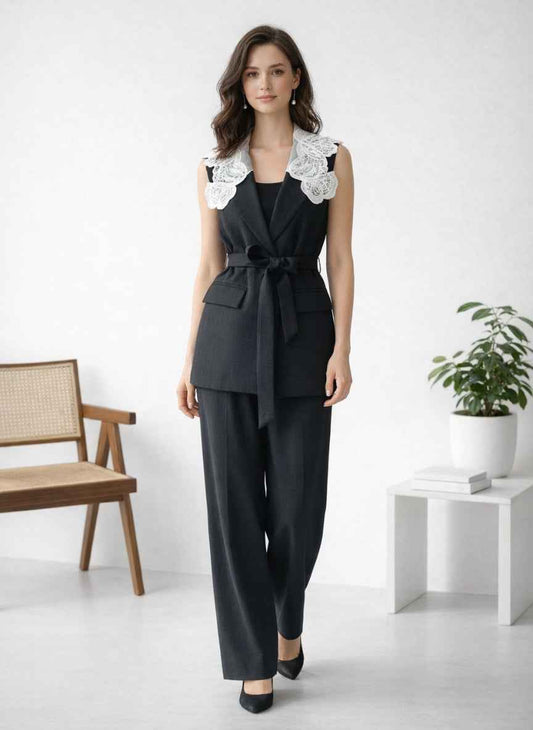 Imported Lace Collar Belted Co-ord Set | Formal Sleeveless Vest & Pant Suit